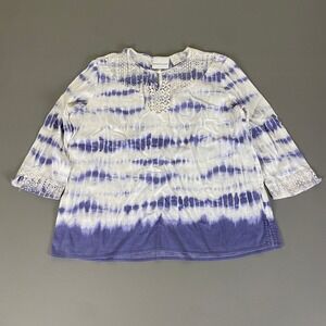 Alfred Dunner Blouse  Top Women's Size 14 Purple Tie Dye 3/4 Sleeve Lace Trim